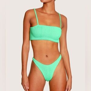 Hunza G Bikini Set Lime Green Neon Bright Crinkle Stretch Swimsuit